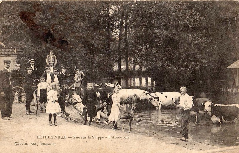 Vue sur La Suippe et l'Abreuvoir de Bétheniville sur une carte postale ancienne