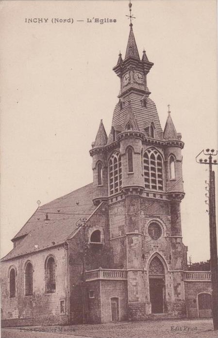 l'église d'Inchy sur une carte postale ancienne